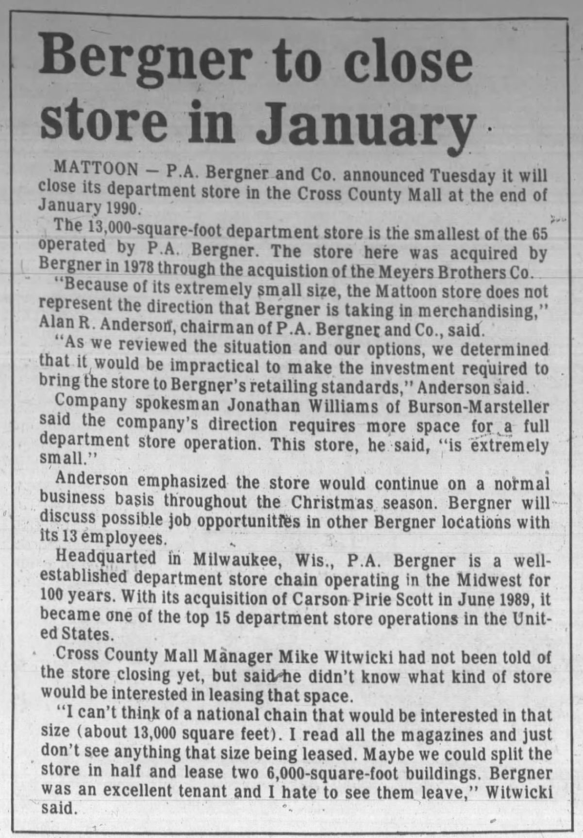 Bergner to close in January